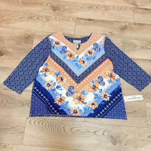 Alfred Dunner Womens Top Size PXL Fresh Start Chevron Floral Split Neck Summer - Picture 11 of 13